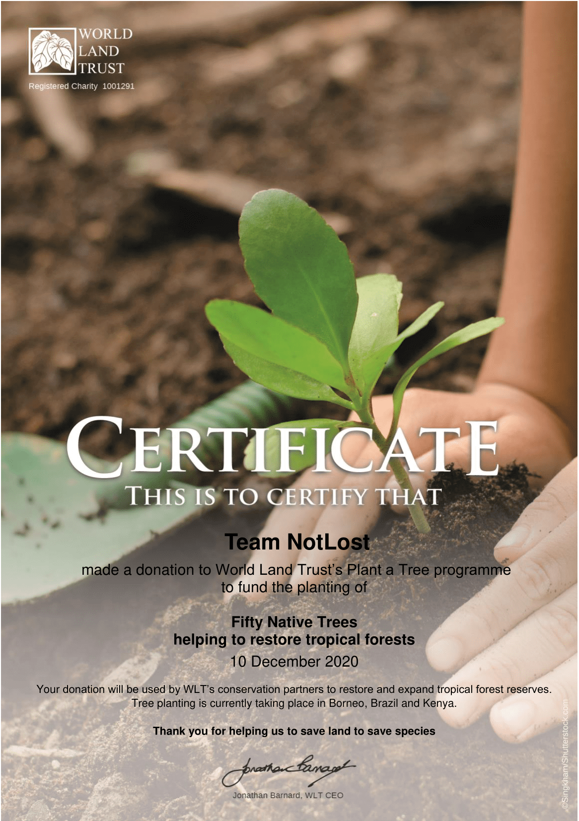 NotLost donation to World Land Trust plant a tree sustainablility